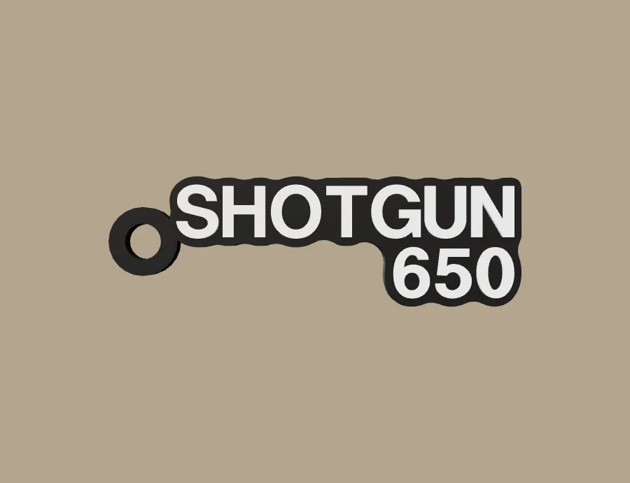 Llavero Royal Enfield SHOTGUN 650, base negra y texto blanco, vista frontal del modelo 3D