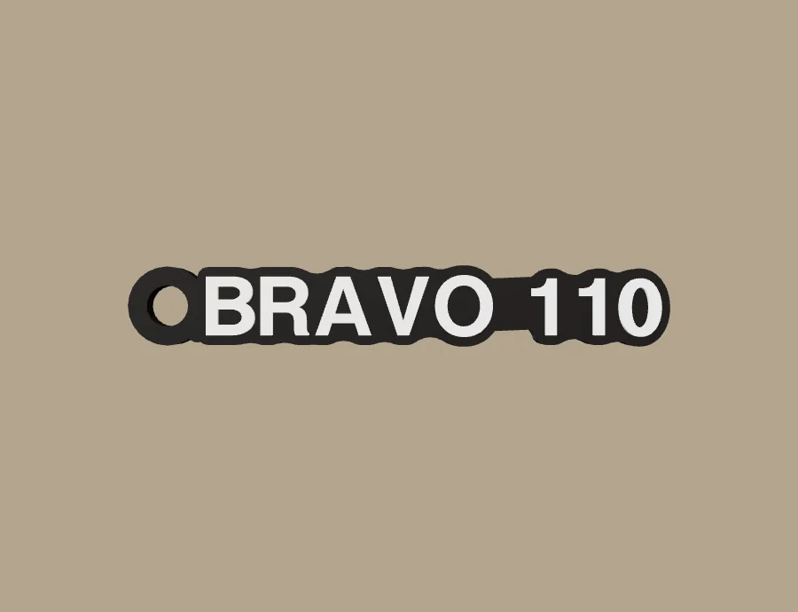 Llavero Serpento BRAVO 110, base negra y texto blanco, vista frontal del modelo 3D