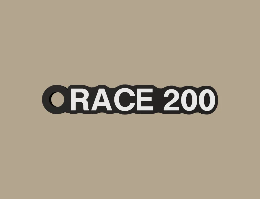 Llavero Serpento RACE 200, base negra y texto blanco, vista frontal del modelo 3D