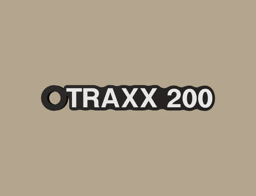 Llavero Serpento TRAXX 200, base negra y texto blanco, vista frontal del modelo 3D