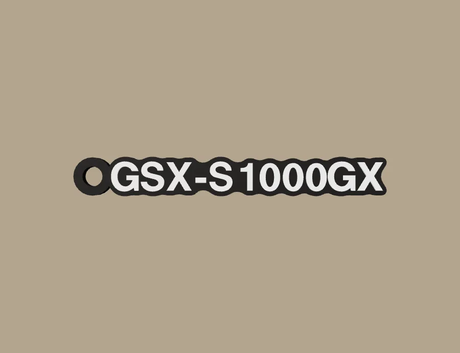 Llavero Suzuki GSX-S1000GX, base negra y texto blanco, vista frontal del modelo 3D