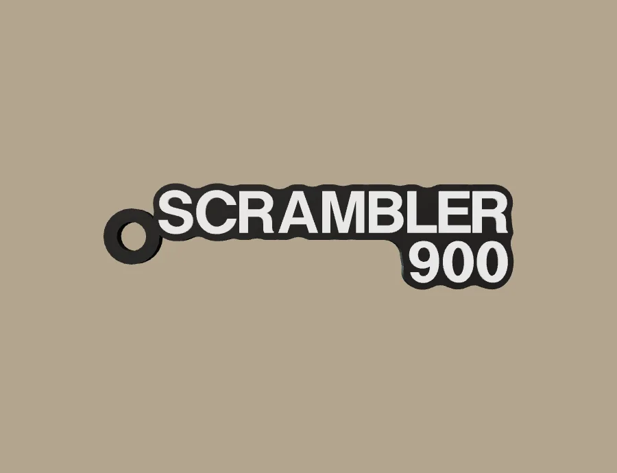 Llavero Triumph SCRAMBLER 900, base negra y texto blanco, vista frontal del modelo 3D