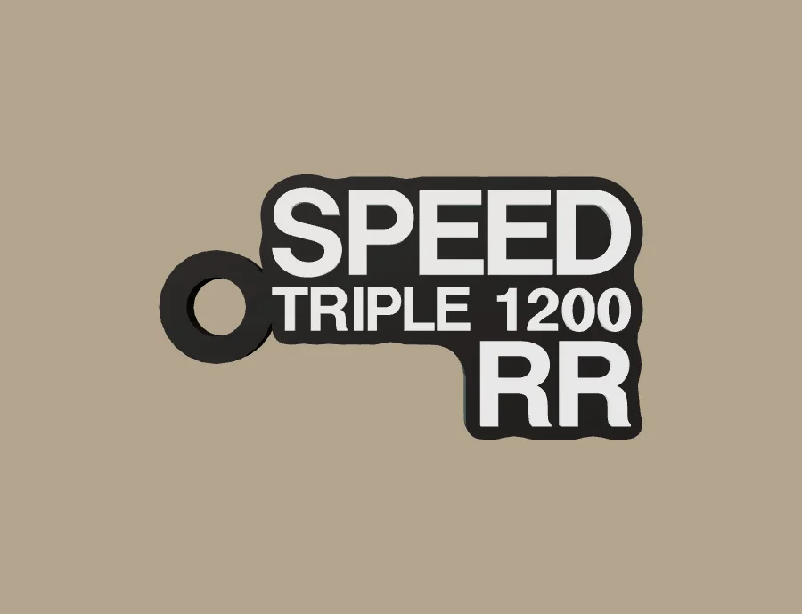 Llavero Triumph SPEED TRIPLE 1200 RR, base negra y texto blanco, vista frontal del modelo 3D