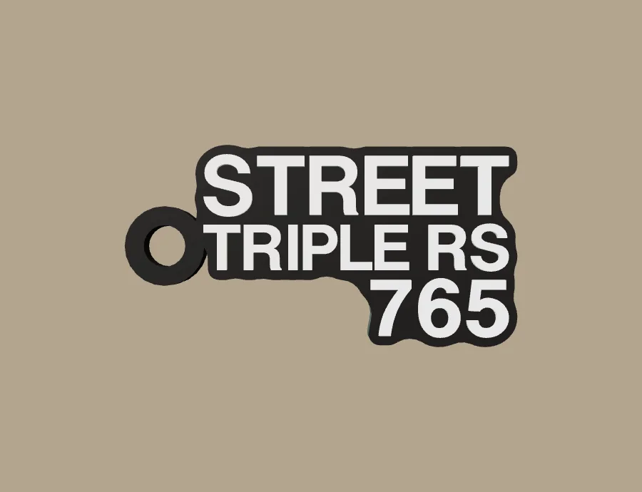 Llavero Triumph STREET TRIPLE RS 765, base negra y texto blanco, vista frontal del modelo 3D