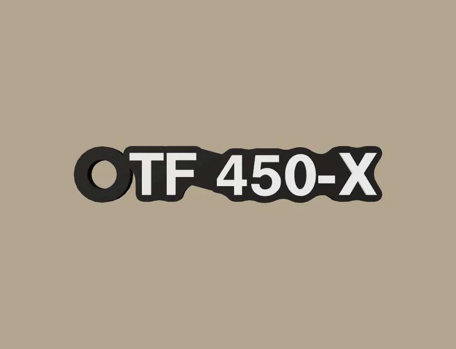 Llavero Triumph TF 450-X, base negra y texto blanco, vista frontal del modelo 3D