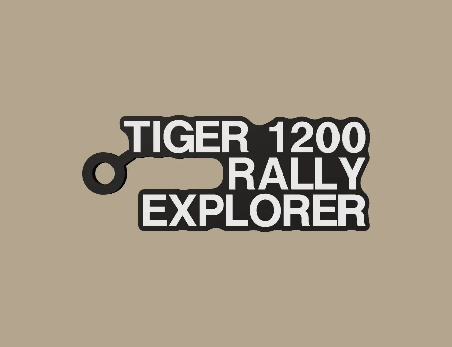 Llavero Triumph TIGER 1200 RALLY EXPLORER, base negra y texto blanco, vista frontal del modelo 3D