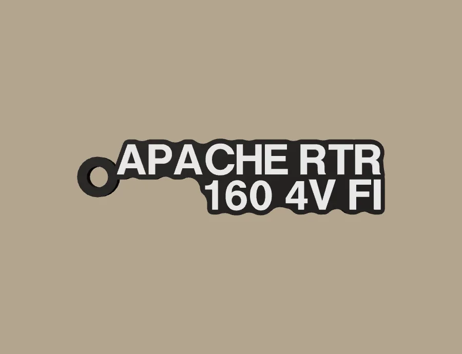 Llavero TVS APACHE RTR 160 4V FI, base negra y texto blanco, vista frontal del modelo 3D