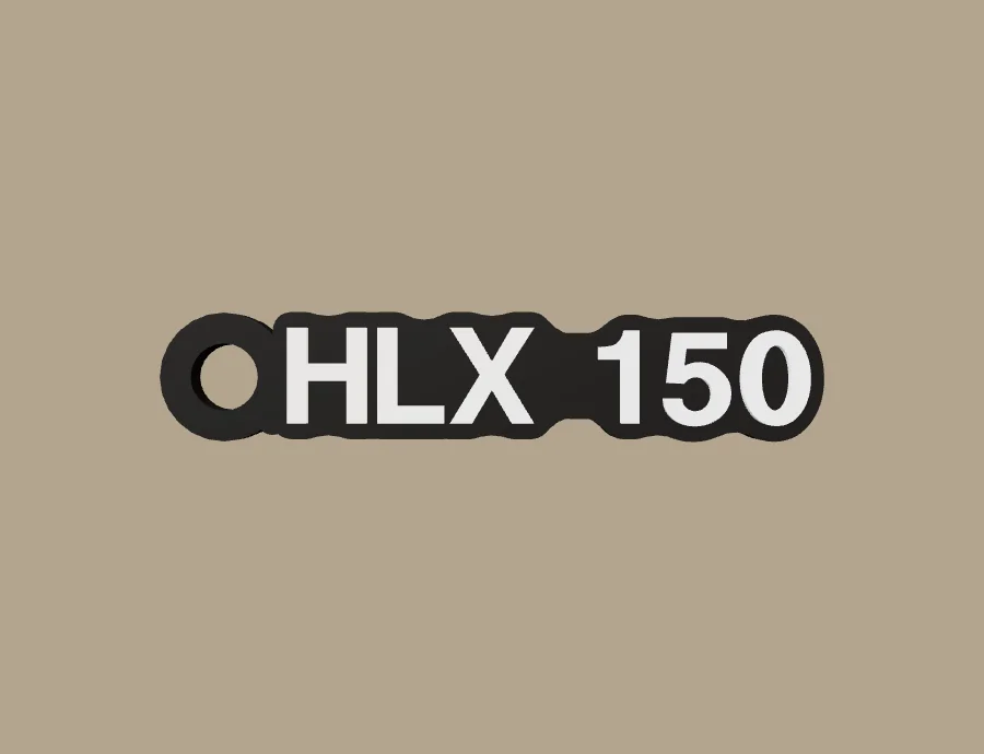 Llavero TVS HLX 150, base negra y texto blanco, vista frontal del modelo 3D