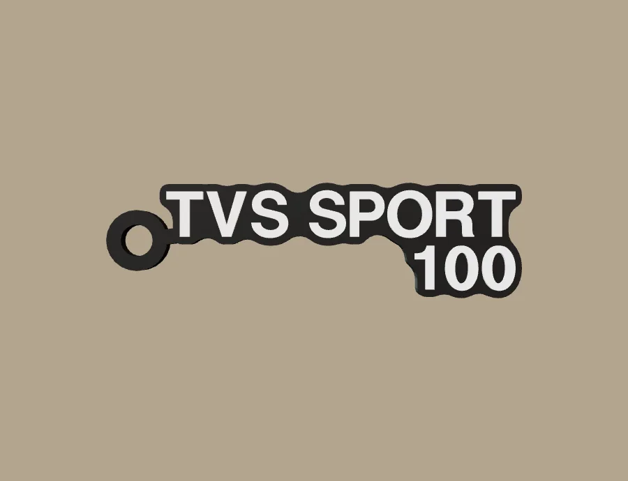 Llavero TVS TVS SPORT 100, base negra y texto blanco, vista frontal del modelo 3D