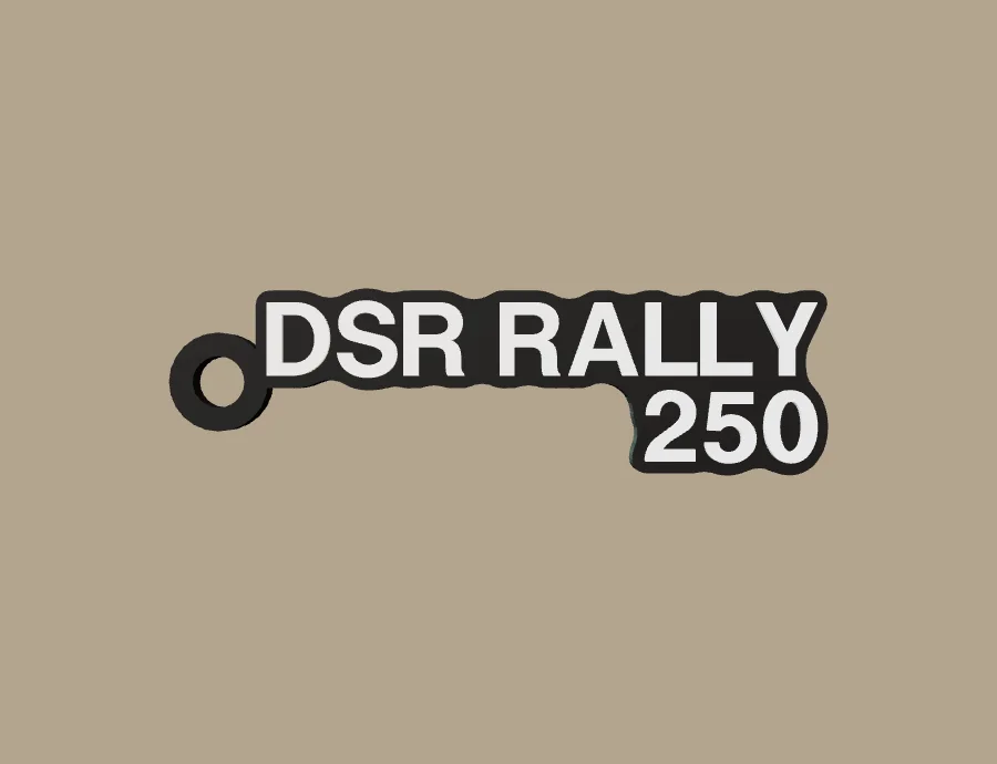 Llavero UM DSR RALLY 250, base negra y texto blanco, vista frontal del modelo 3D