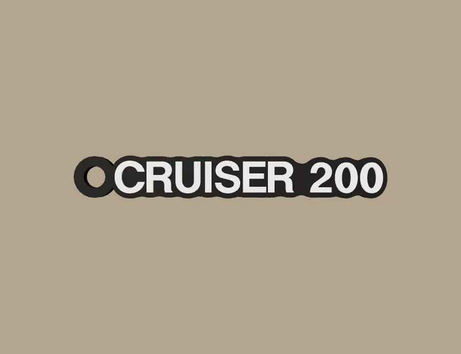 Llavero Vento CRUISER 200, base negra y texto blanco, vista frontal del modelo 3D