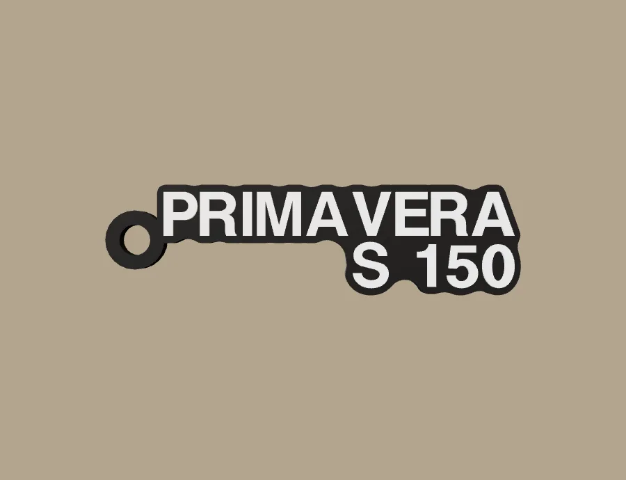 Llavero Vespa PRIMAVERA S 150, base negra y texto blanco, vista frontal del modelo 3D