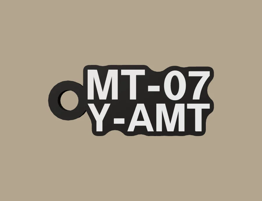 Llavero Yamaha MT-07 Y-AMT, base negra y texto blanco, vista frontal del modelo 3D