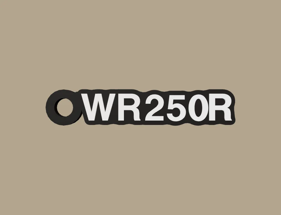 Llavero Yamaha WR250R, base negra y texto blanco, vista frontal del modelo 3D