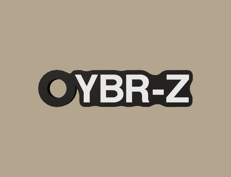 Llavero Yamaha YBR-Z, base negra y texto blanco, vista frontal del modelo 3D