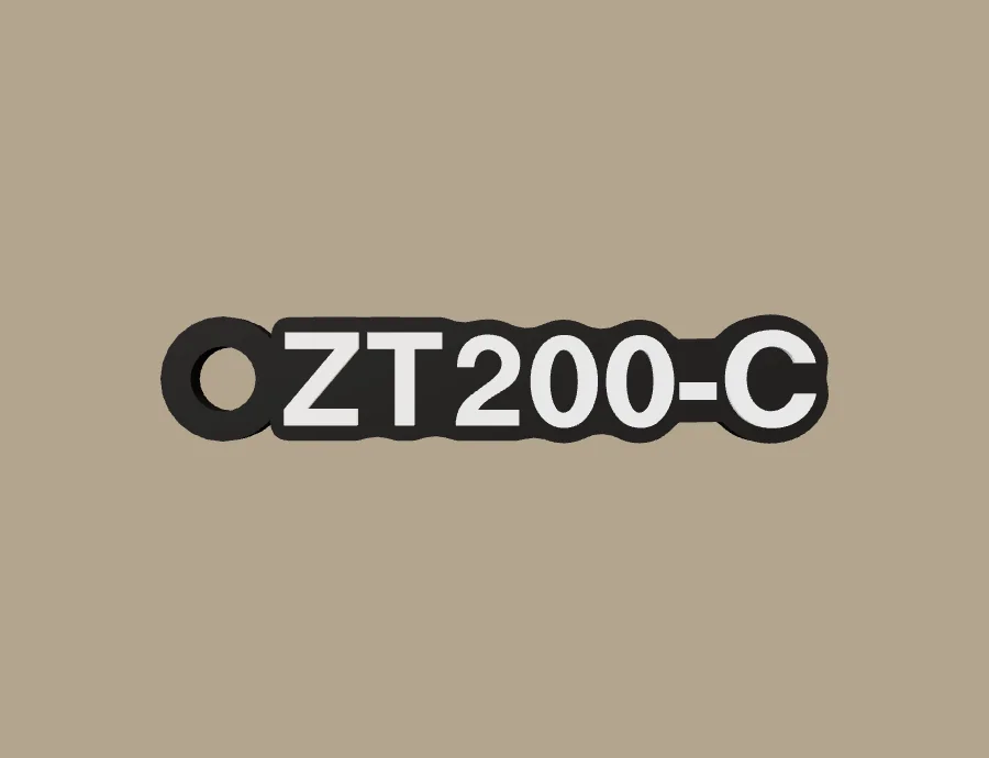 Llavero Zontes ZT200-C, base negra y texto blanco, vista frontal del modelo 3D