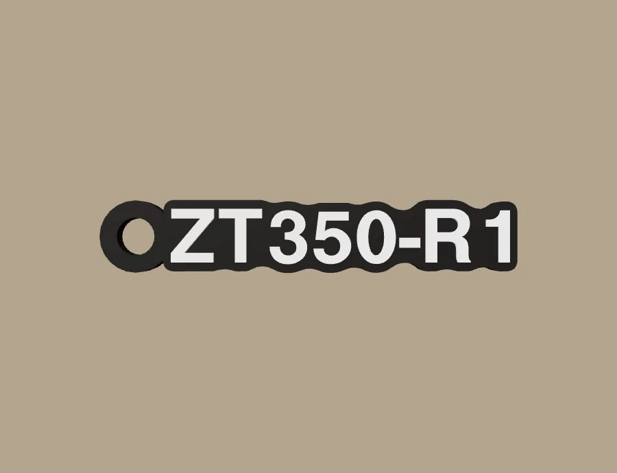 Llavero Zontes ZT350-R1, base negra y texto blanco, vista frontal del modelo 3D