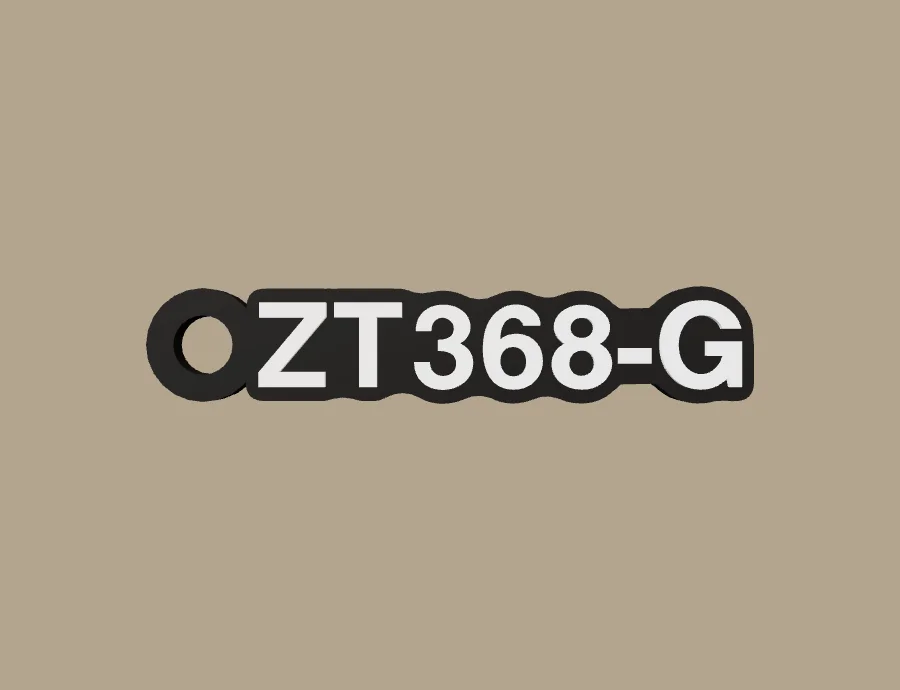 Llavero Zontes ZT368-G, base negra y texto blanco, vista frontal del modelo 3D