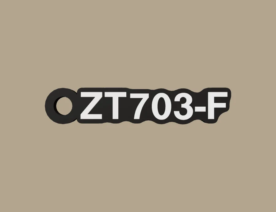 Llavero Zontes ZT703-F, base negra y texto blanco, vista frontal del modelo 3D