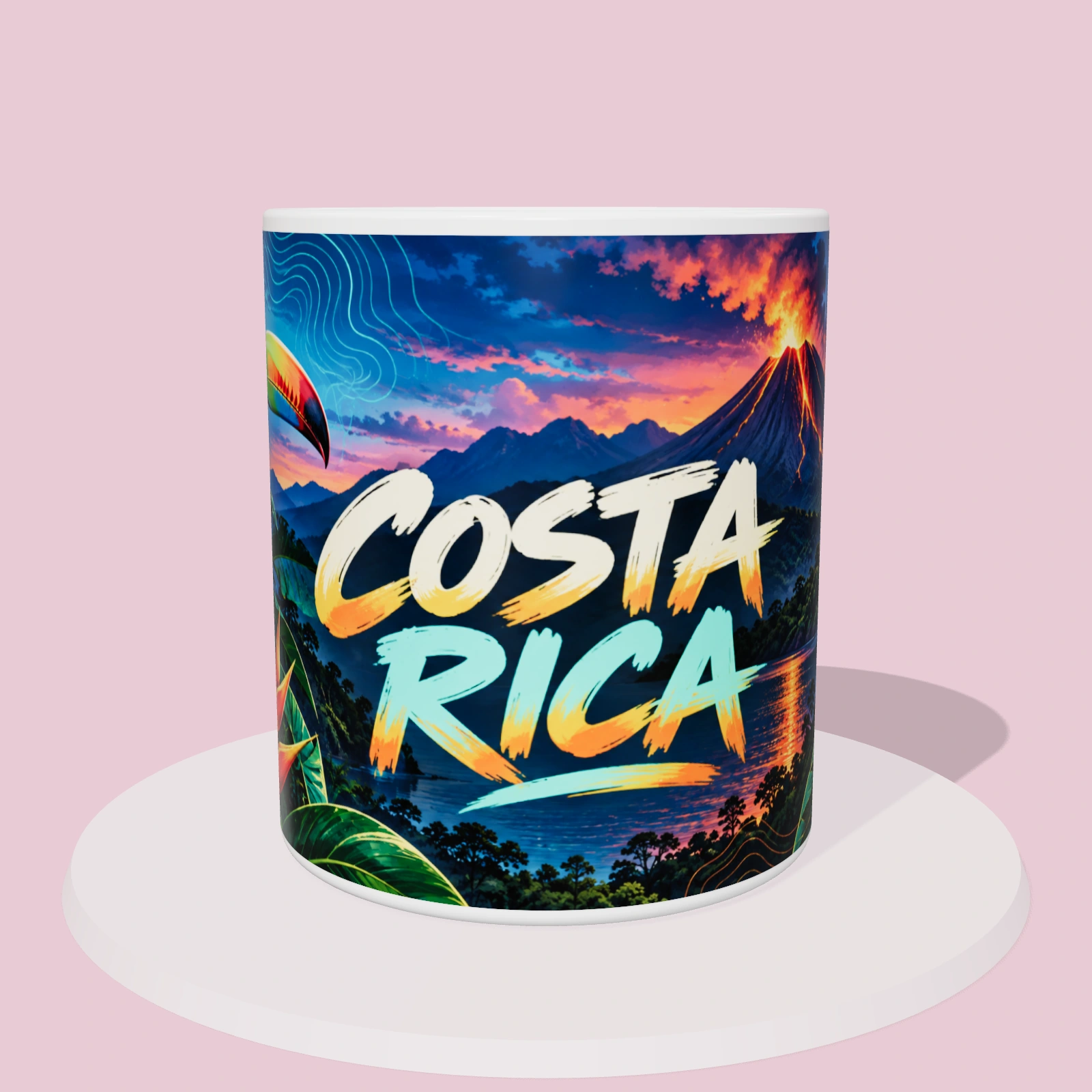 Taza de Costa Rica: Atardecer en el volcán Arenal, vista 3D con la ilustración panorámica alrededor de la taza