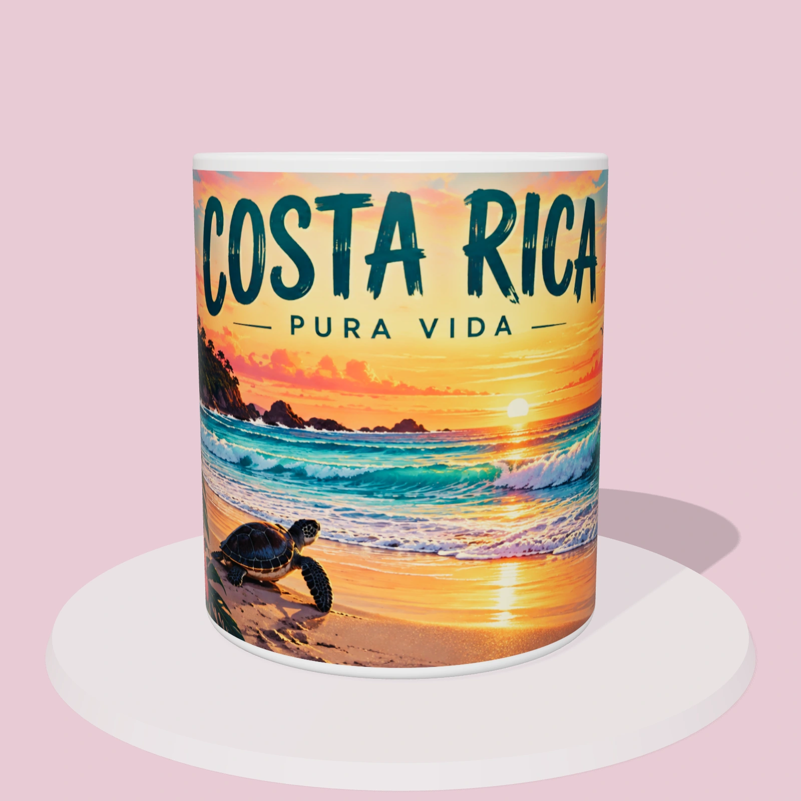 Taza de Costa Rica: Atardecer tropical Pura Vida, vista 3D con la ilustración panorámica alrededor de la taza