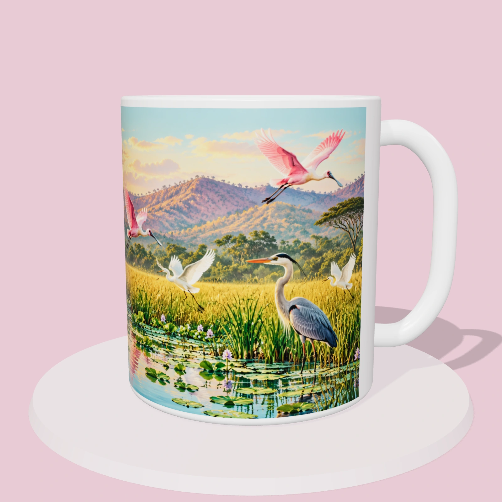 Taza Costa Rica: Aves del humedal Palo Verde, vista 3D del diseño sublimado en la taza