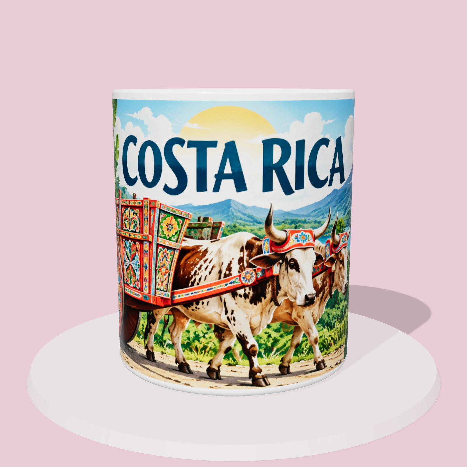 Taza de Costa Rica: Carreta típica de Sarchí, vista 3D con la ilustración panorámica alrededor de la taza