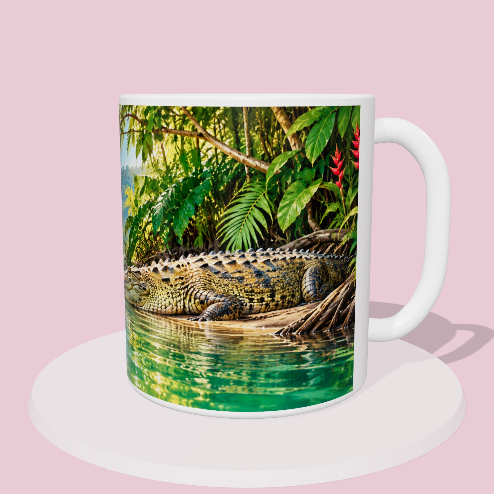 Taza Costa Rica: Cocodrilos del río Tárcoles, vista 3D del diseño sublimado en la taza