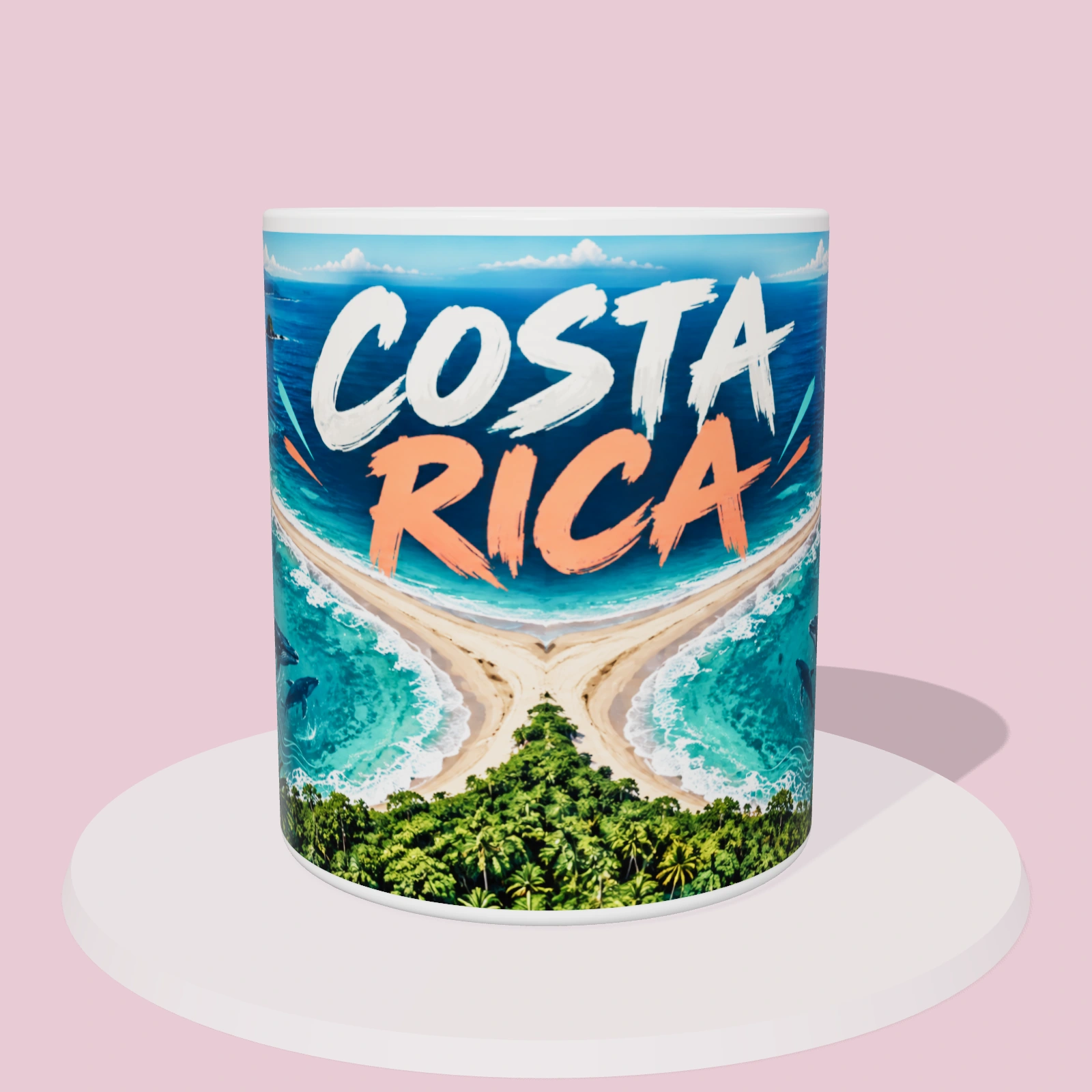 Taza de Costa Rica: Cola de ballena de Marino Ballena, vista 3D con la ilustración panorámica alrededor de la taza