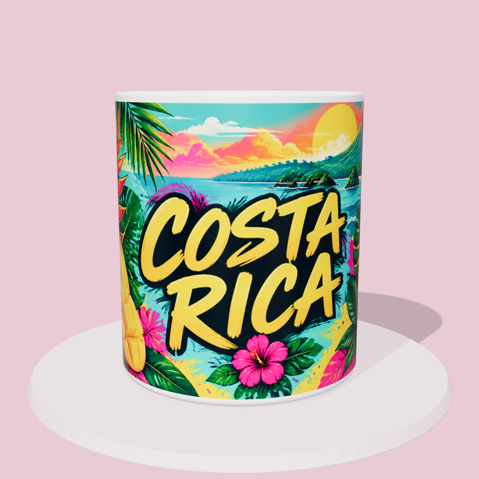 Taza de Costa Rica: Frutas tropicales, vista 3D con la ilustración panorámica alrededor de la taza