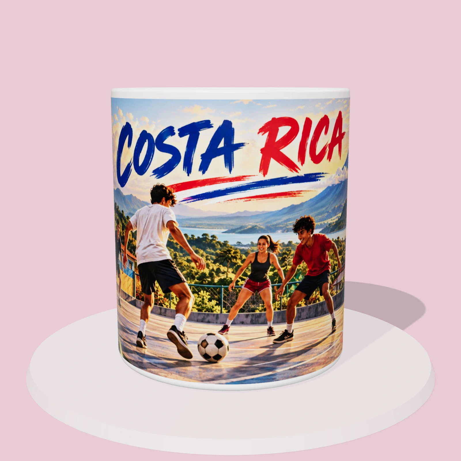 Taza de Costa Rica: Fútbol entre amigos ticos, vista 3D con la ilustración panorámica alrededor de la taza