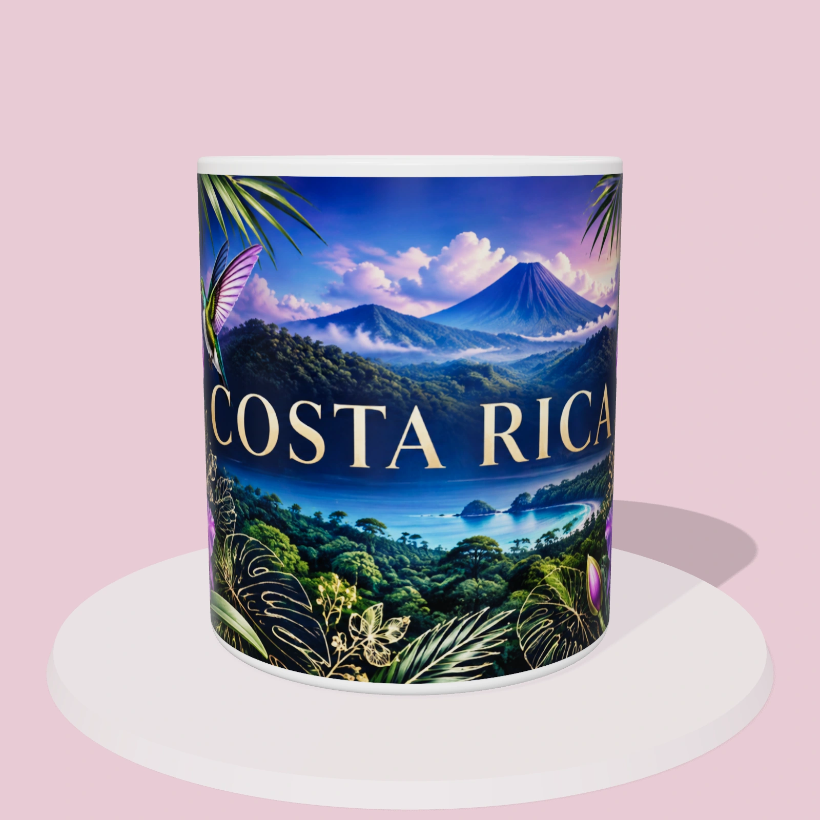 Taza de Costa Rica: Guaria morada y colibrí, vista 3D con la ilustración panorámica alrededor de la taza