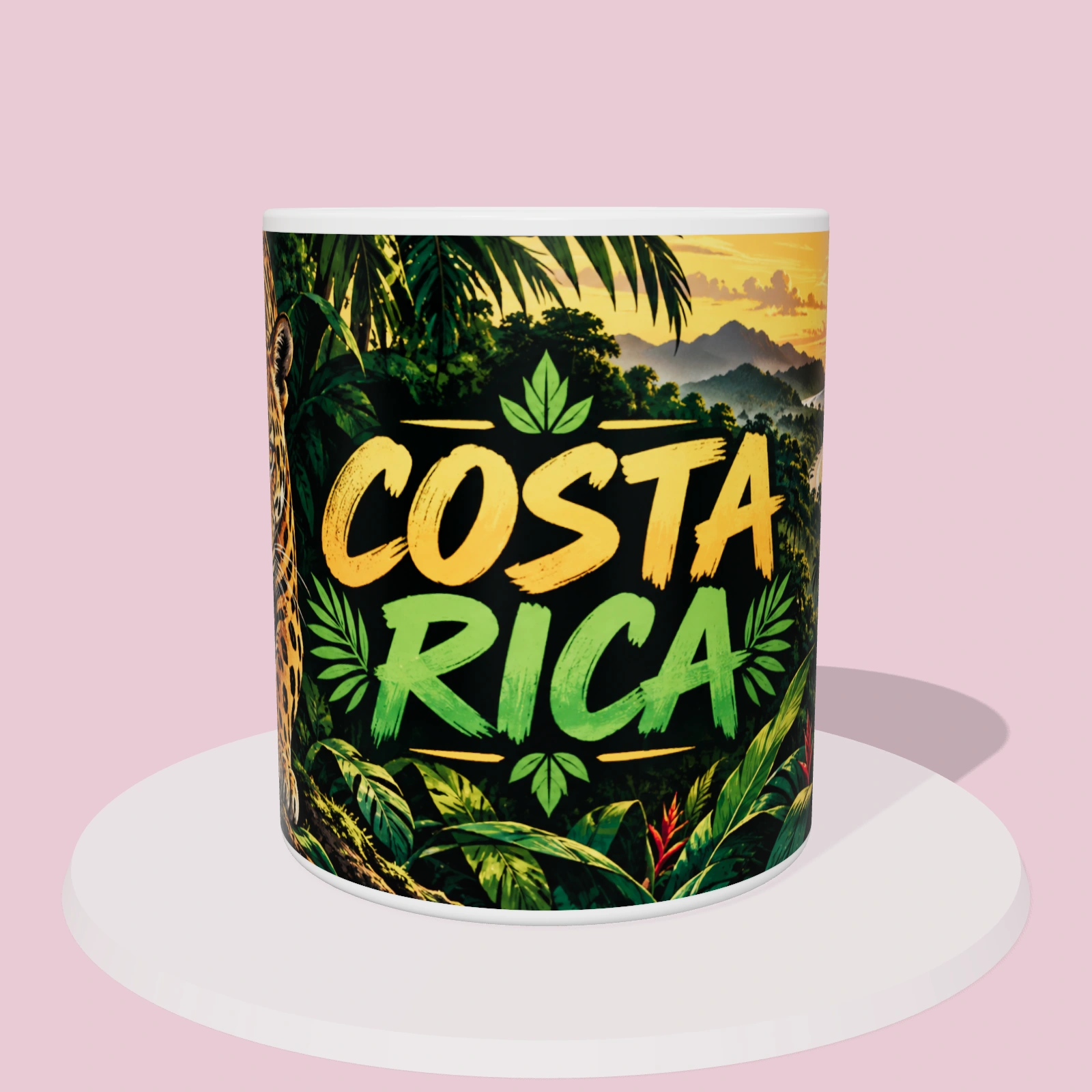 Taza de Costa Rica: Jaguar de Corcovado, vista 3D con la ilustración panorámica alrededor de la taza