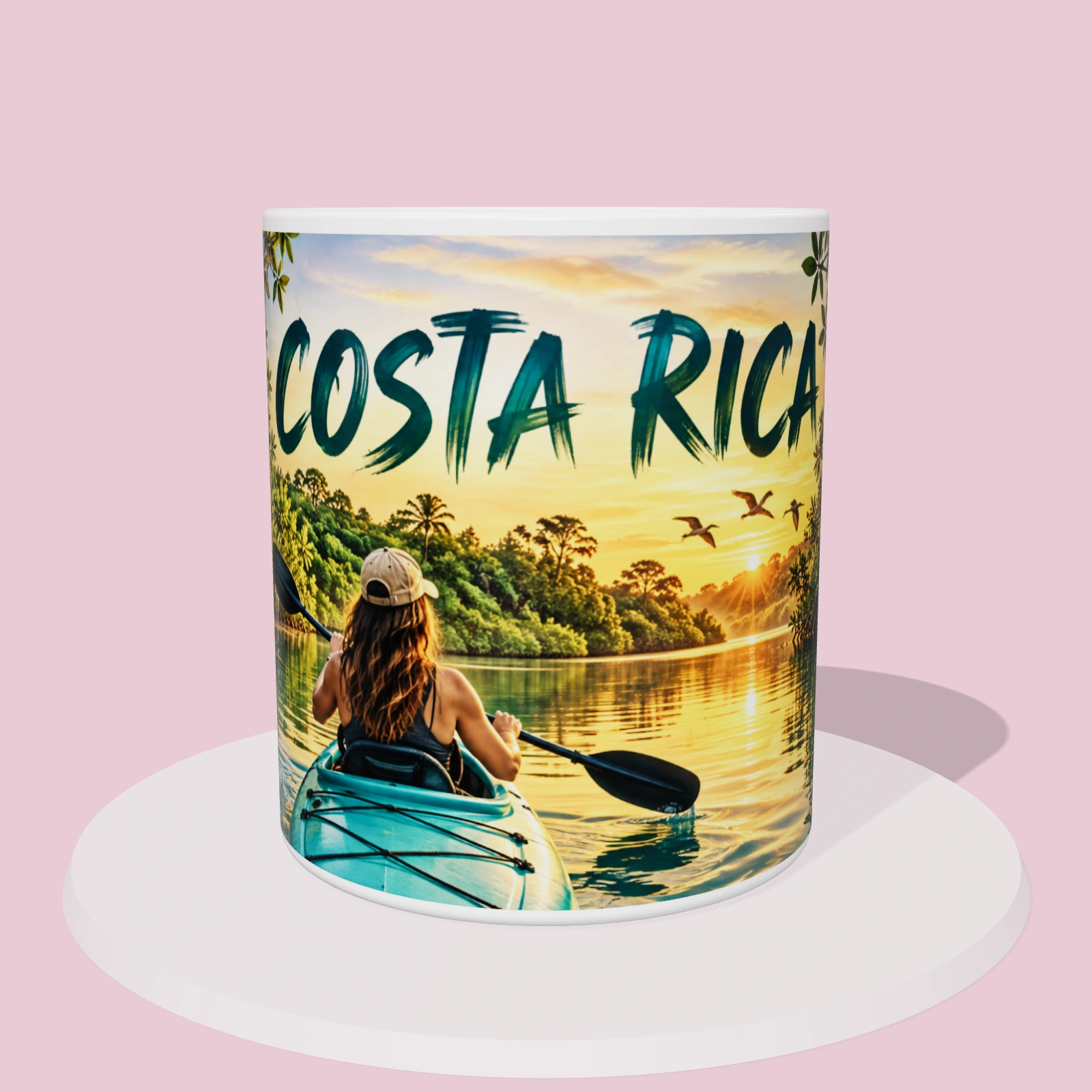 Taza de Costa Rica: Kayak por los canales de Tortuguero, vista 3D con la ilustración panorámica alrededor de la taza