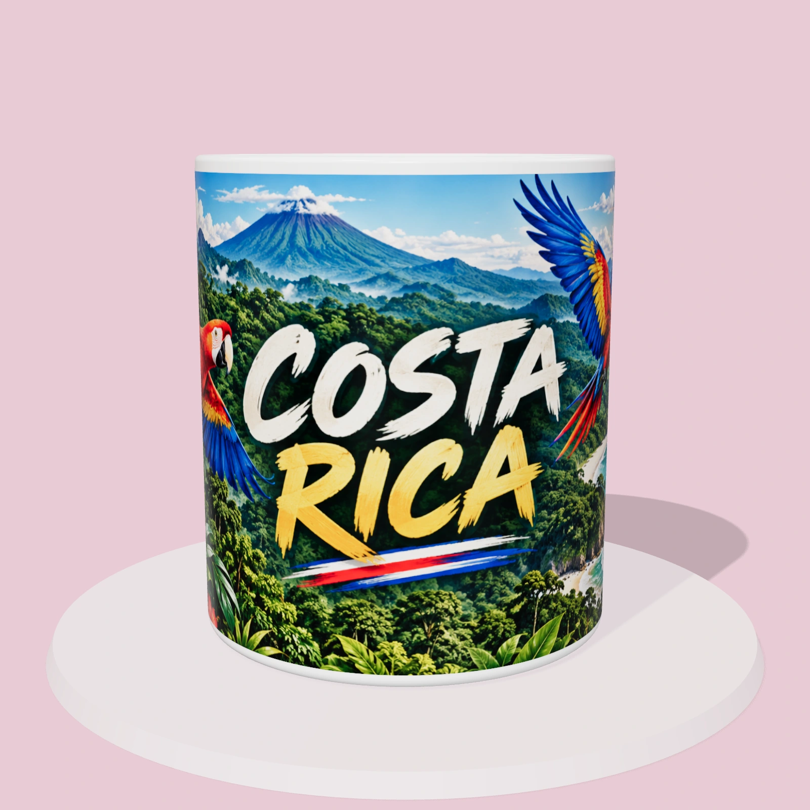 Taza de Costa Rica: Lapas rojas de la selva, vista 3D con la ilustración panorámica alrededor de la taza