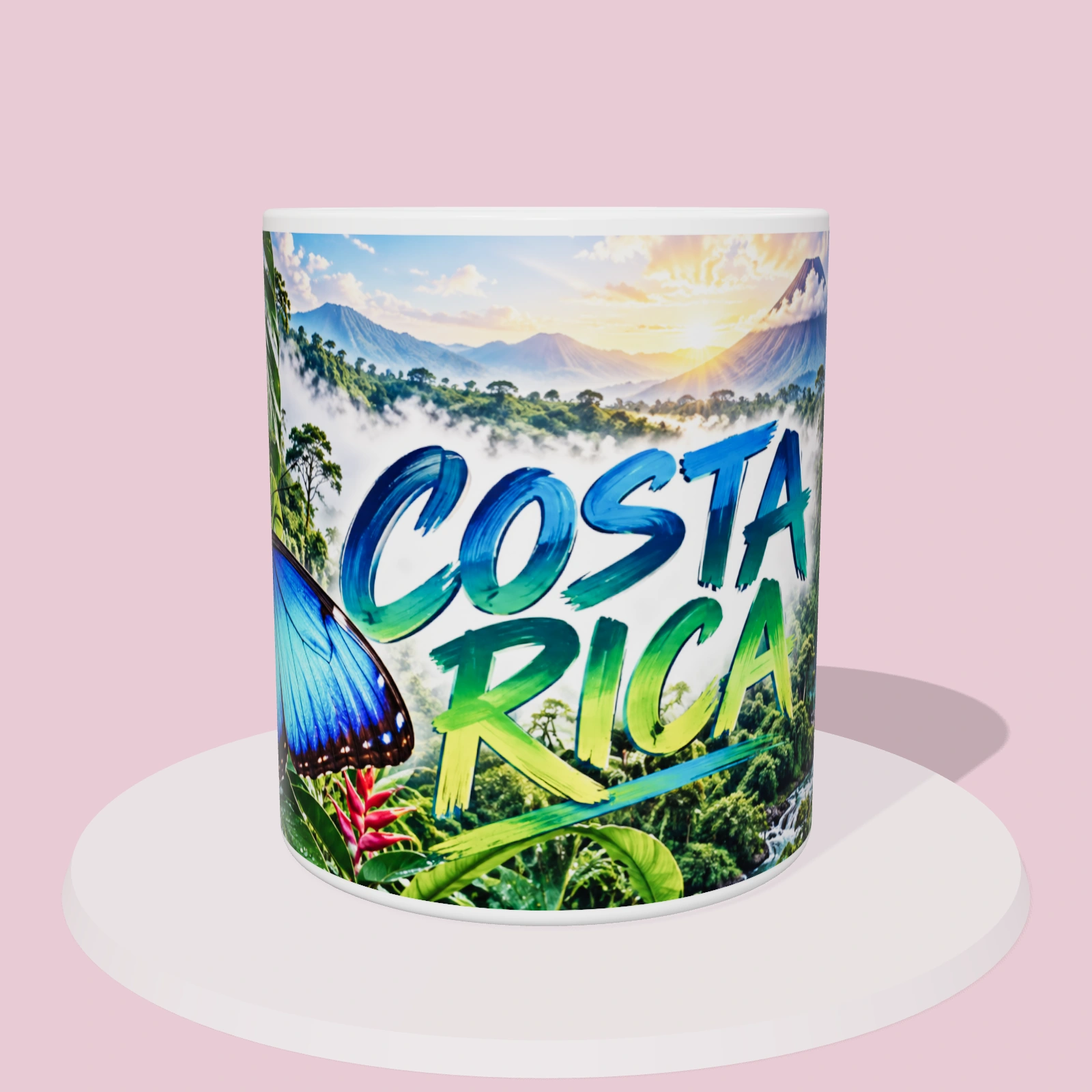 Taza de Costa Rica: Mariposa morpho azul, vista 3D con la ilustración panorámica alrededor de la taza