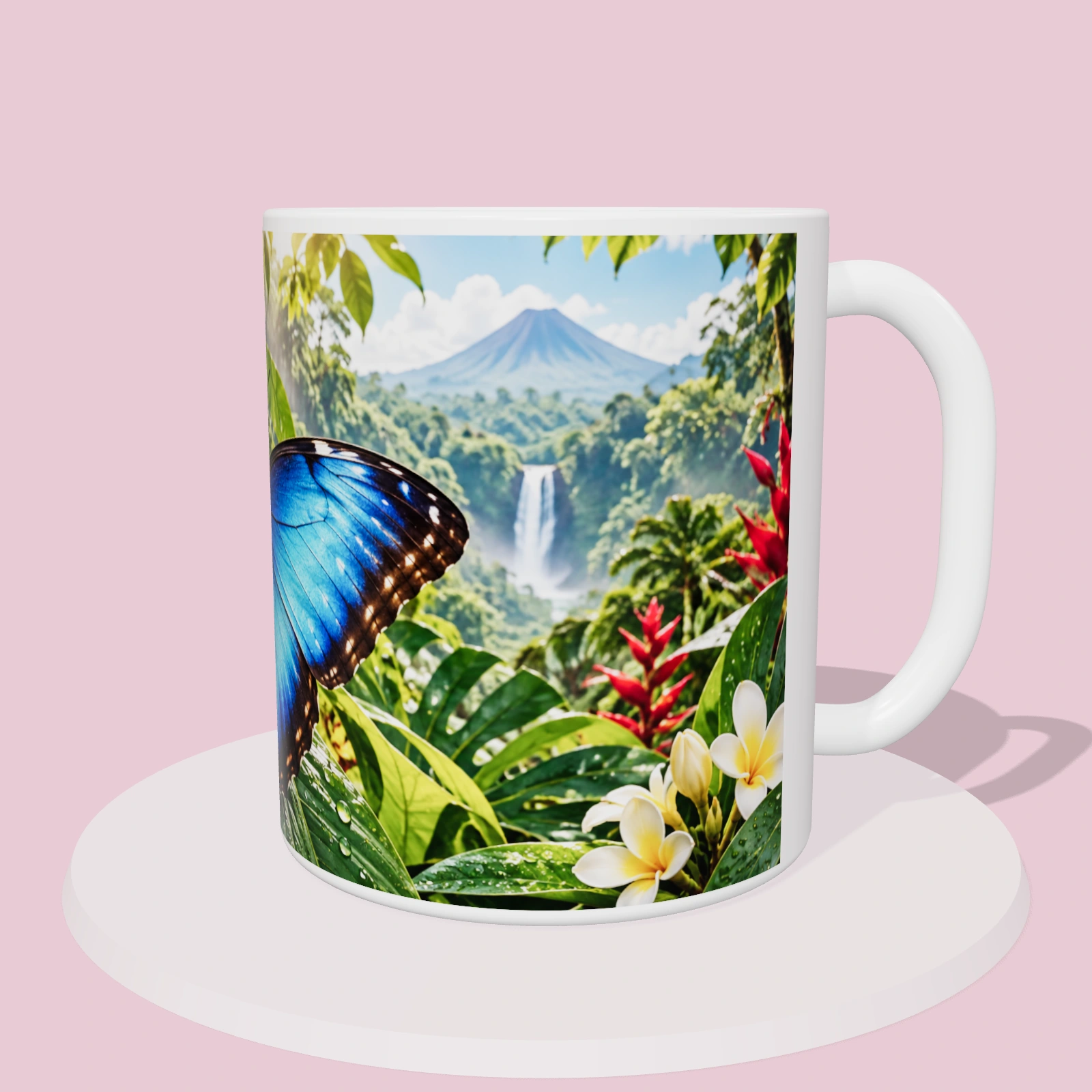 Taza Costa Rica: Mariposa morfo azul del bosque tropical, vista 3D del diseño sublimado en la taza