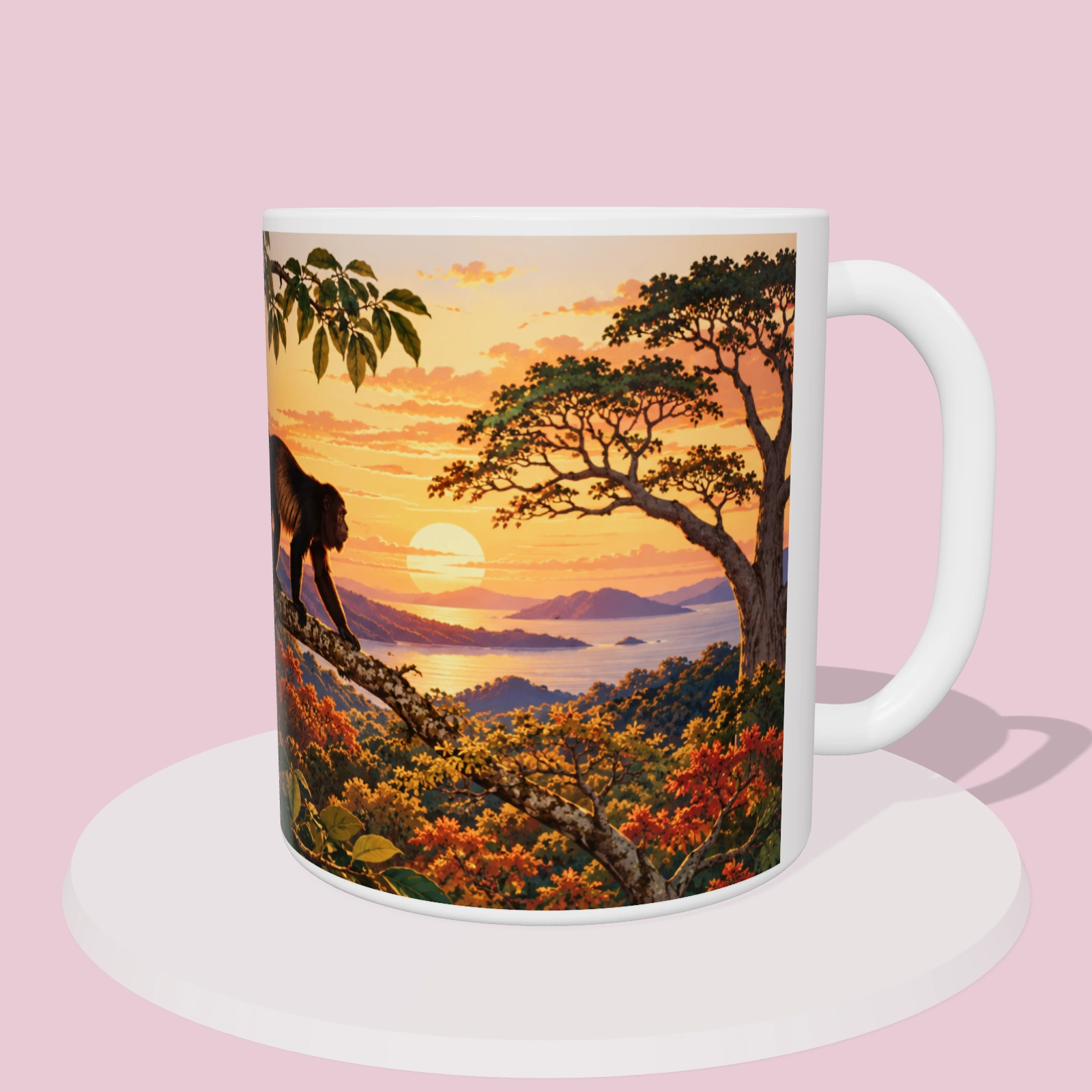 Taza Costa Rica: Monos congos al atardecer en Guanacaste, vista 3D del diseño sublimado en la taza