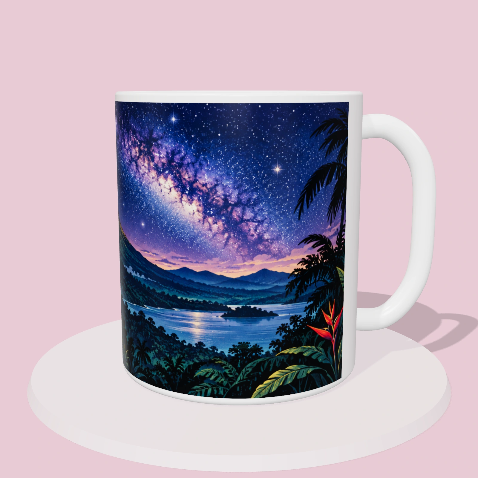 Taza Costa Rica: Noche estrellada del Arenal, vista 3D del diseño sublimado en la taza