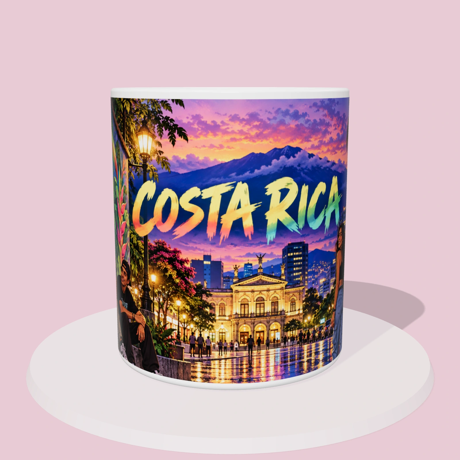 Taza de Costa Rica: Noche urbana en San José, vista 3D con la ilustración panorámica alrededor de la taza