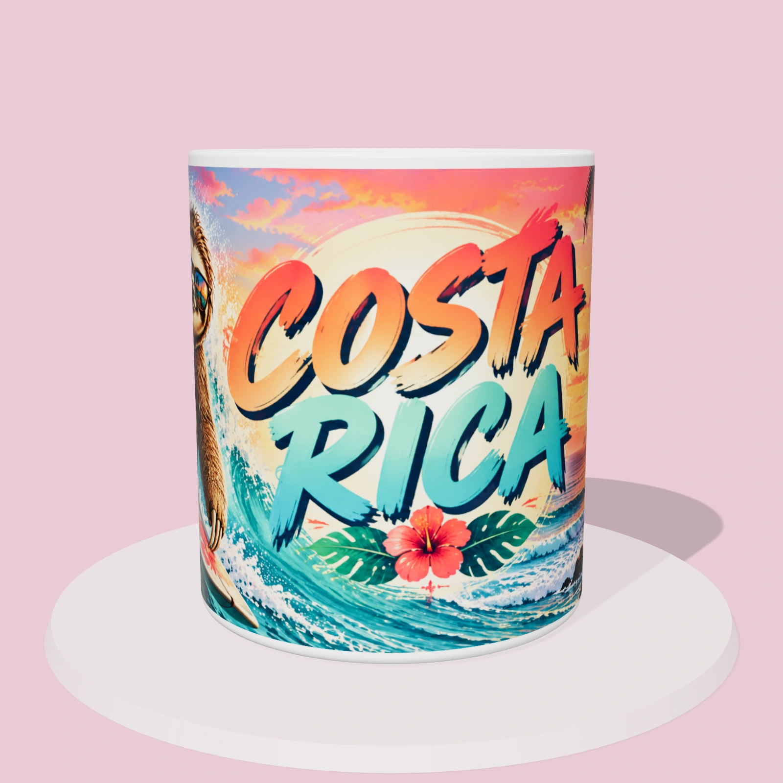 Taza de Costa Rica: Perezoso surfer del Pacífico, vista 3D con la ilustración panorámica alrededor de la taza