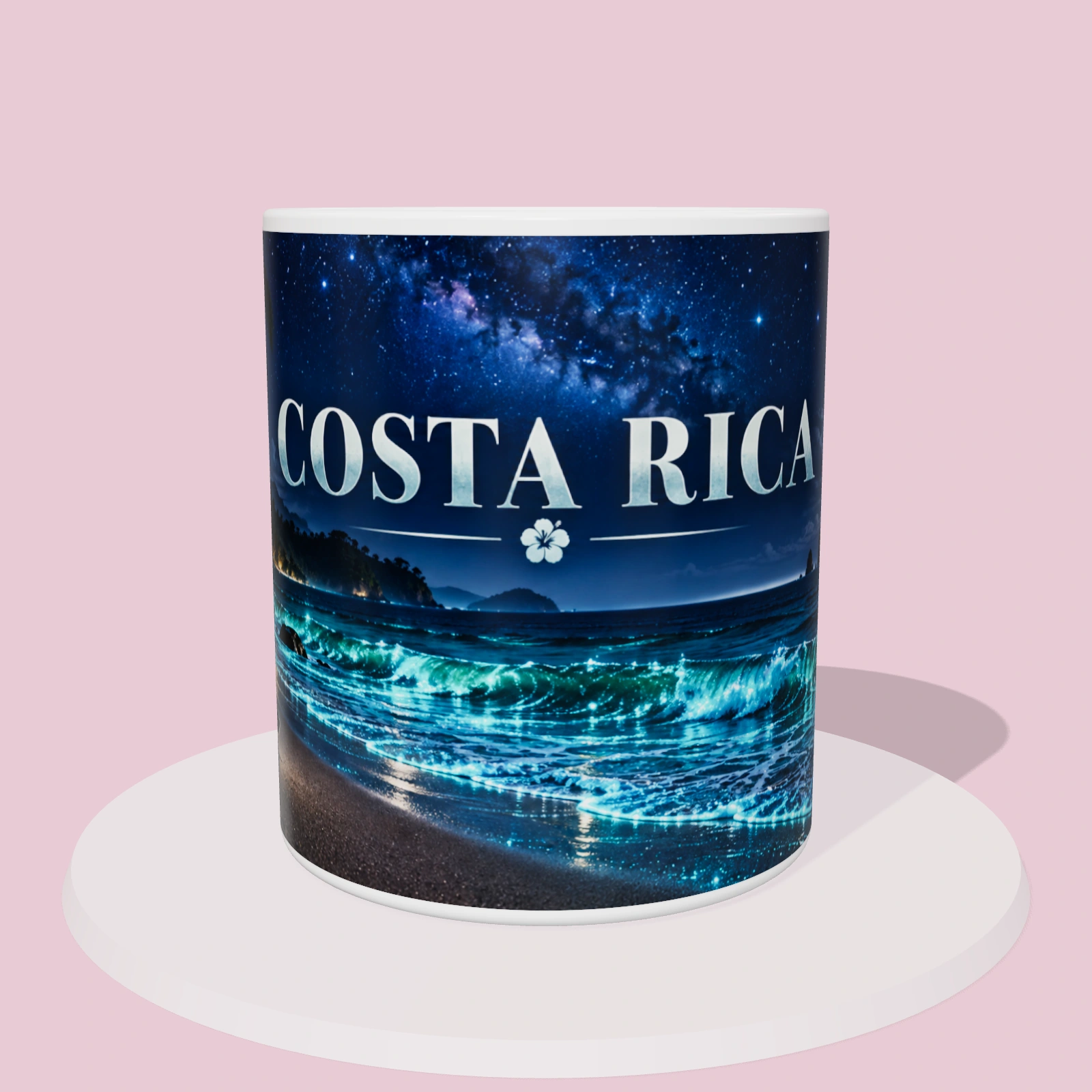 Taza de Costa Rica: Playa bioluminiscente, vista 3D con la ilustración panorámica alrededor de la taza