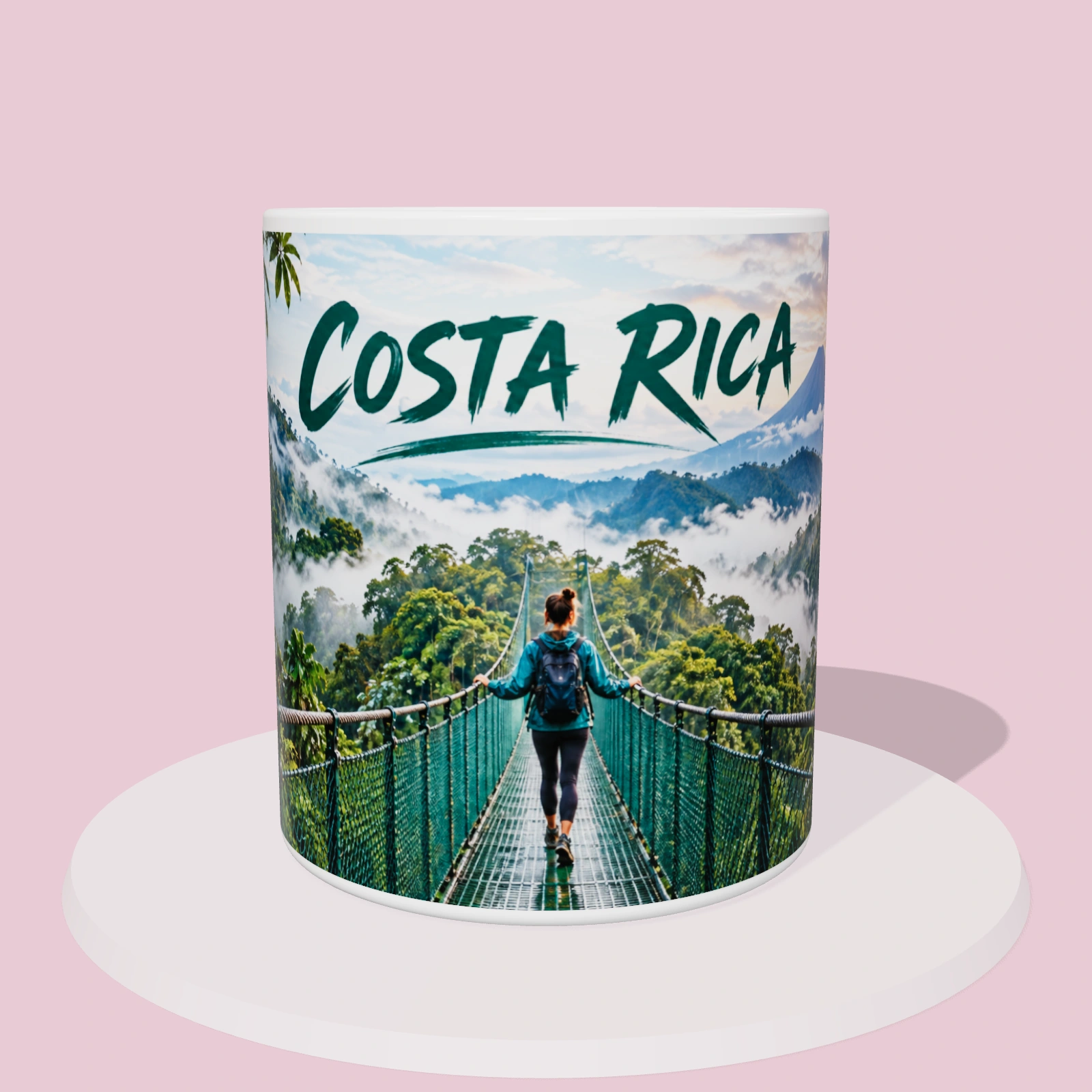 Taza de Costa Rica: Puente colgante de Monteverde, vista 3D con la ilustración panorámica alrededor de la taza