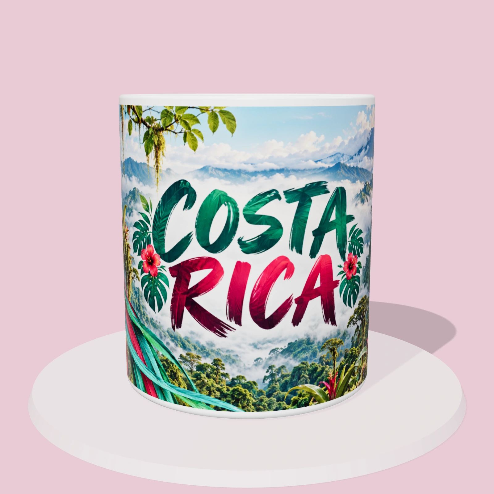 Taza de Costa Rica: Quetzal del bosque nuboso, vista 3D con la ilustración panorámica alrededor de la taza