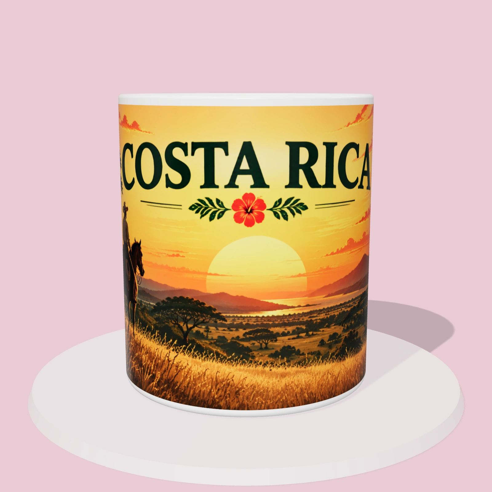 Taza de Costa Rica: Sabanero de Guanacaste, vista 3D con la ilustración panorámica alrededor de la taza