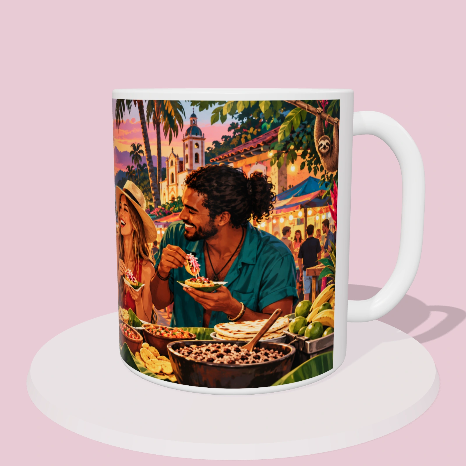 Taza Costa Rica: Sabores del mercado nocturno, vista 3D del diseño sublimado en la taza
