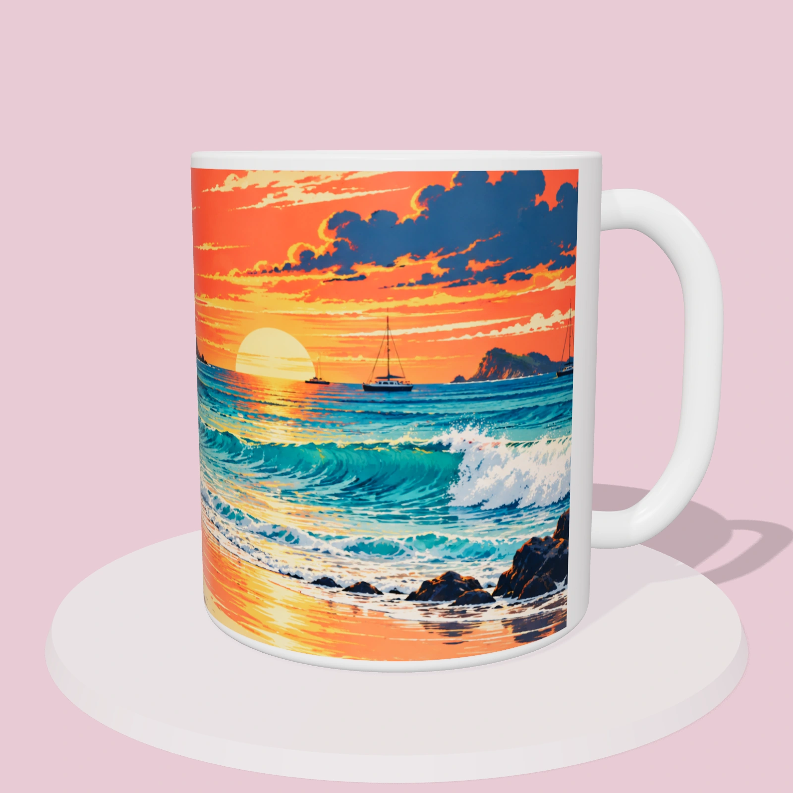 Taza Costa Rica: Surf al atardecer en Tamarindo, vista 3D del diseño sublimado en la taza