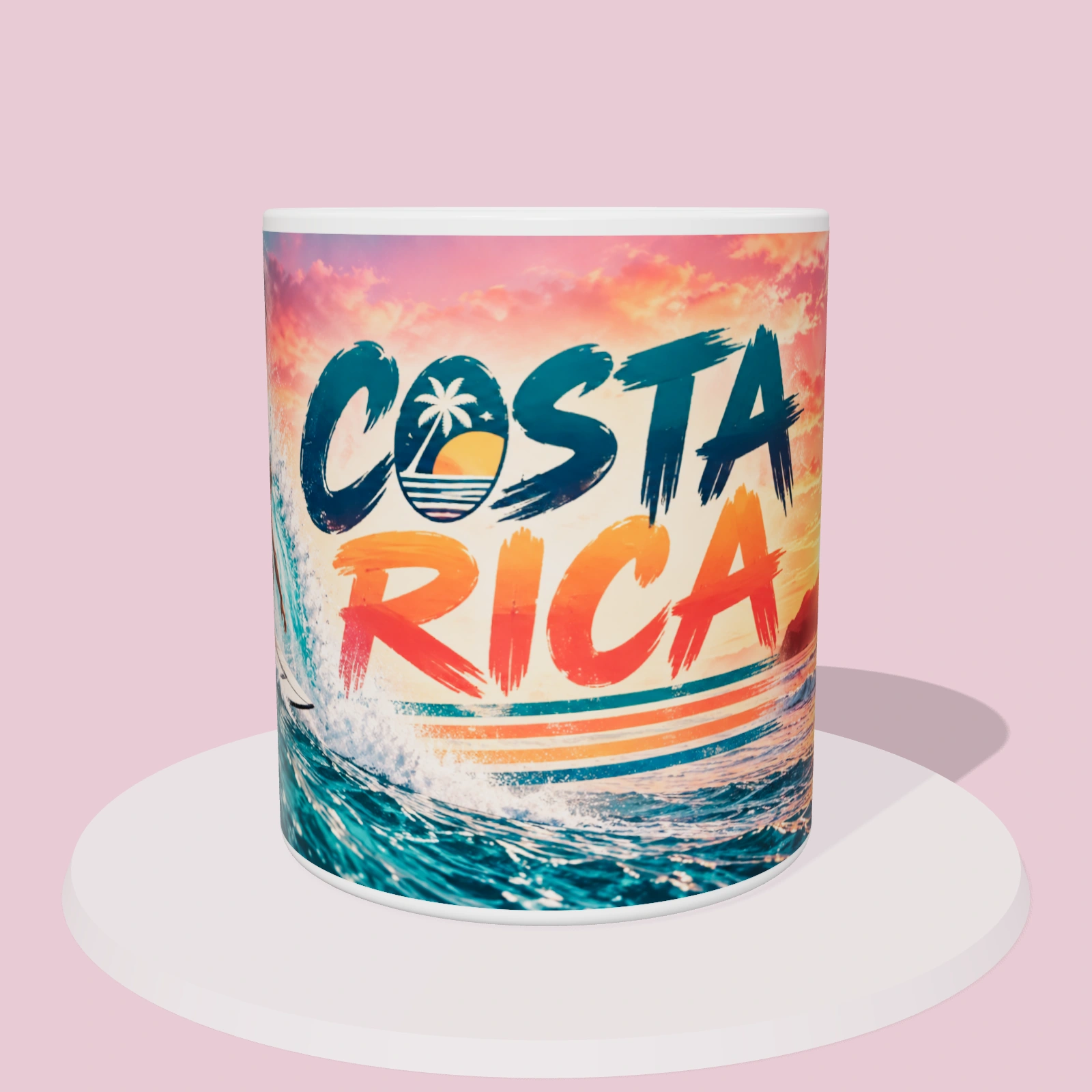 Taza de Costa Rica: Surf en Tamarindo, vista 3D con la ilustración panorámica alrededor de la taza