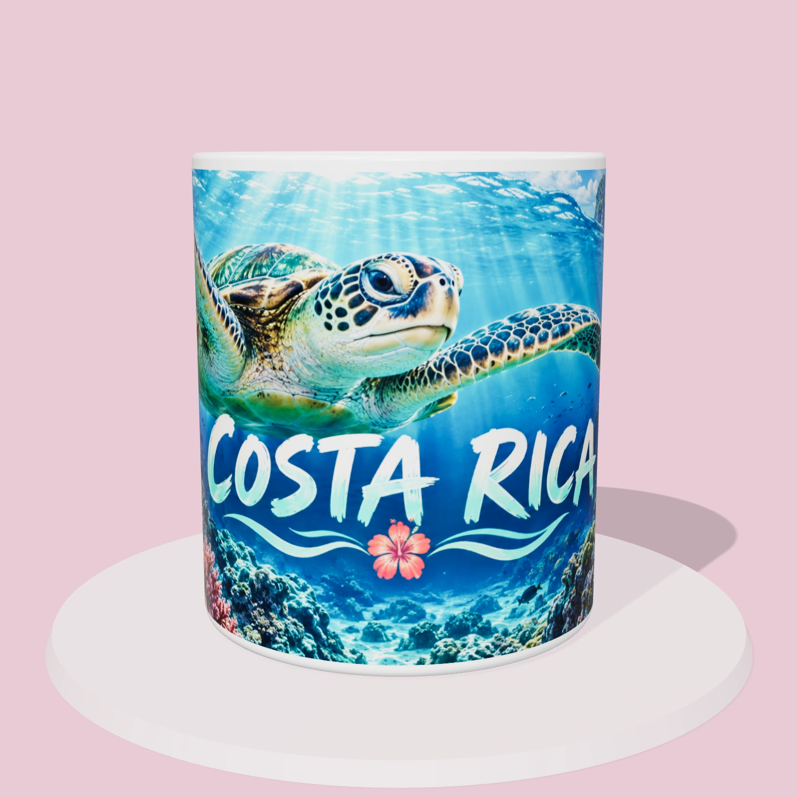 Taza de Costa Rica: Tortuga marina del Caribe, vista 3D con la ilustración panorámica alrededor de la taza