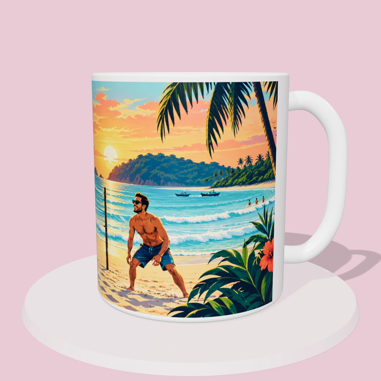 Taza Costa Rica: Voleibol de playa en Sámara, vista 3D del diseño sublimado en la taza
